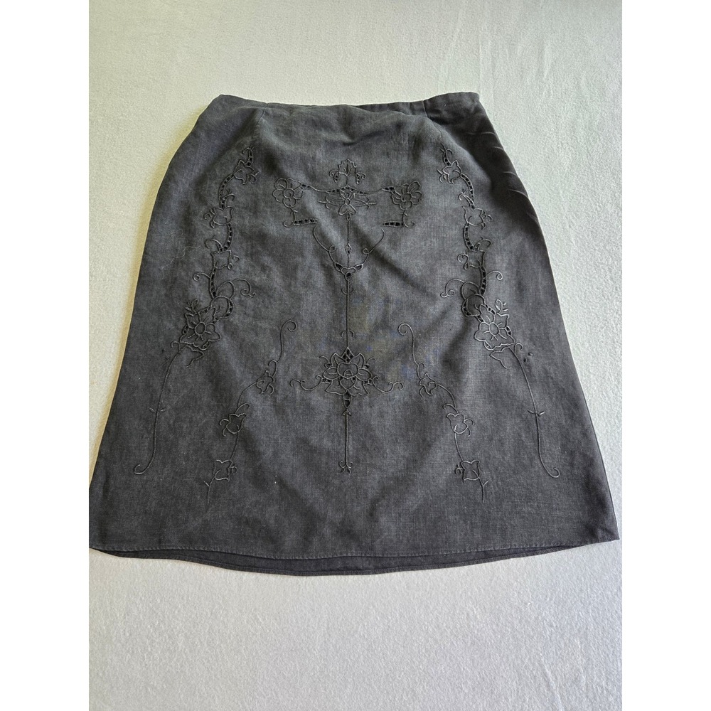 Richard Malcolm Skirt Women 10 Black Linen Floral Embroidered Eyelet Midi A-Line